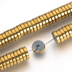 Electroplate Non-magnetic Synthetic Hematite Beads Spacers Strands, Heishi Beads, Flat Round/Disc, Golden Plated, 6x2mm, Hole: 1mm, about 193pcs/strand, 15.7 inch