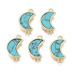 Brass Connector Charms, with Synthetic Turquoise, Cadmium Free & Nickel Free & Lead Free, Real 18K Gold Plated, Moon, Dark Turquoise, 18x10x3mm, Hole: 1.2mm