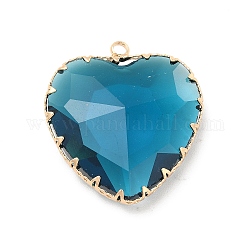 Pendentifs en verre K9, breloques de coeur, avec des accessoires en laiton doré clair, facette, zircon bleu, 31x28x9mm, Trou: 2mm