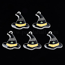 Spray Painted Alloy Enamel Pendants, Cadmium Free & Nickel Free & Lead Free, Halloween, Witch Hat with Word Good, Black, 25x22x3mm, Hole: 2mm