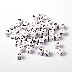 Perles de lettre de trou horizontal acrylique, cube, blanc, taille: environ 10 mm, trou: environ 3 mm, environ 550 pcs/500 g