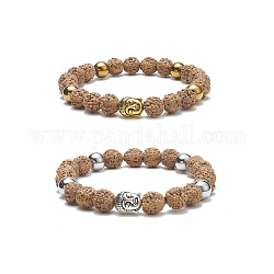 2Pcs 2 Color Natural Wood & Synthetic Hematite & Alloy Buddhist Head Beaded Stretch Bracelets Set for Women, Golden & Silver, Inner Diameter: 2-3/8 inch(6cm), 1Pc/color