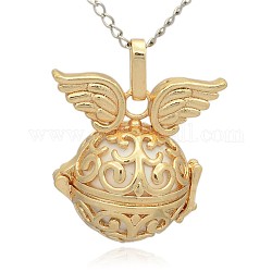 Golden Tone Brass Hollow Round Cage Pendants, with No Hole Spray Painted Brass Round Ball Beads, Round with Wing, White, 31x30x21mm, Hole: 3x8mm