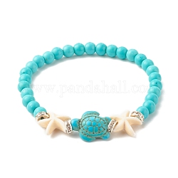 Bracelet extensible étoile de mer et tortue synthétique turquoise (teint), bijoux en pierres précieuses pour femmes, diamètre intérieur: 2-1/8 pouce (5.4 cm)