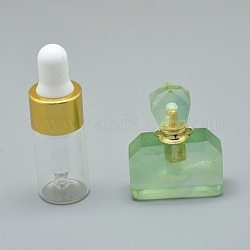Pendentifs de bouteille de parfum ouvrants en fluorite naturelle à facettes, avec des accessoires en laiton et des bouteilles d'huile essentielle en verre, 35x28x12.5mm, Trou: 1.2mm, capacité de la bouteille en verre : 3 ml (0.101 fl. oz), capacité de pierres précieuses: 1 ml (0.03 fl. oz)