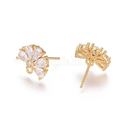 Brass Cubic Zirconia Stud Earring Findings, with Loop, Flower, Clear, Golden, 15mm, Pin: 0.7mm