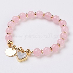 Bracelets extensibles avec perles en quartz rose naturel, avec druzy naturel électrolytique et accessoires en laiton, cœur et plat rond, 2-1/8 pouce (5.5 cm), breloques: 12~13x12x1~7mm