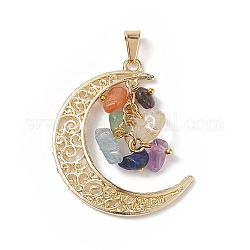 7 Chakra Natural Mixed Gemstone Chip Pendants, Light Gold Plated Alloy Moon Charms, 40.5x35x3~4mm Hole: 7x3.5mm