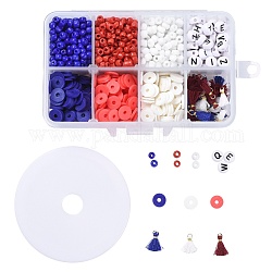 4 July American Independence Day Jewelry Making Kits, Including 3 Colors 4mm Seed Beads, 8mm Polymer Clay Heishi Beads, Letter Beads, Polycotton Tassel, Elastic Crystal Thread, for DIY Bracelets Earring, Beads: 1110pcs/Box