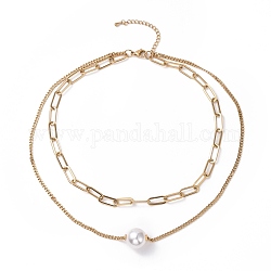 Placcatura sottovuoto 304 collana di collane multistrato a doppia catena in acciaio inossidabile con perle di plastica perline da donna, oro, 16.34 pollice (41.5 cm)
