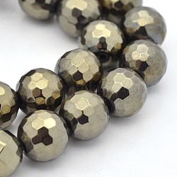 Round Non-magnetic Synthetic Hematite Beads Strands, Imitation Pyrite, Faceted, Antique Bronze Plated, 8mm, Hole: 1mm, about 46pcs/strand, 16 inch