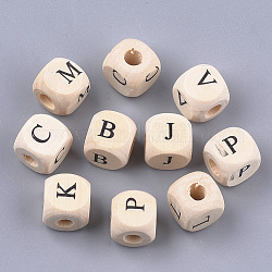 Natural Wooden European Beads, Horizontal Hole, Large Hole Beads, Undyed, Cube with Letter, Antique White, 10x9.5x9.5mm, Hole: 4mm, about 905pcs/500g