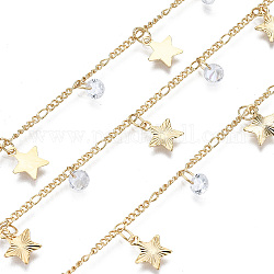 Handmade Brass Figaro Chains, with Cubic Zirconia Charms and Spool, Soldered, Cadmium Free & Nickel Free & Lead Free, Star, Real 18K Gold Plated, Link: 1.7x1.4x0.3mm and 3x1.5x0.3mm, Cubic Zirconia: 4x2.5mm, Star: 8x7x0.3mm, about 32.8 Feet(10m)/roll