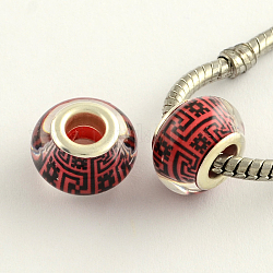Large Hole Acrylic European Beads, with Platinum Tone Brass Double Cores, Rondelle, Dark Red, 14x9mm, Hole: 5mm
