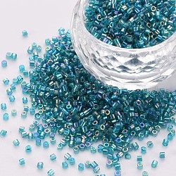 Perline cilindriche di vetro, perline semi, colori trasparenti arcobaleno, foro rotondo, turchese scuro, 1.5~2x1~2mm, Foro: 0.8 mm, circa 8000pcs/scatola, circa 1 libbra / borsa