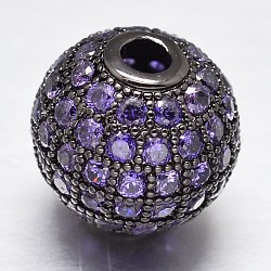 Perles rondes en laiton avec zircone cubique de micro pave, gunmetal, 12mm, Trou: 2mm