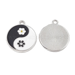Pendente smaltati in lega, tondo piatto con fascino yin yang e fiore, platino, 21x18x2mm, Foro: 1.8 mm
