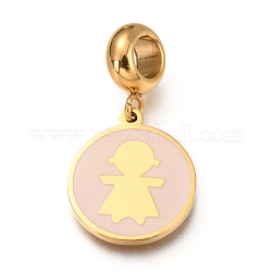 Ion Plating(IP) 304 Stainless Steel European Dangle Charms, Large Hole Pendants, with Enamel, Flat Round with Girl, Misty Rose, Golden, 25.5mm, Hole: 4mm, Pendant: 16x13.5x1mm