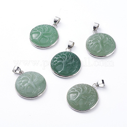 Natural Green Aventurine Pendants, with Platinum Tone Brass Pendant Settings, Flat Round with Tree, 28~29x24~25x6~7mm, Hole: 6x4mm