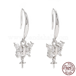 Rhodium Plated 925 Sterling Silver Earring Hooks, with Clear Cubic Zirconia, Butterfly, for Half Drilled Beads, Platinum, 27mm, 21 Gauge, Pin: 0.7mm and 0.6mm, Tray: 6x3mm