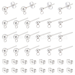 Unicraftale 202 Stainless Steel Ball Stud Earring Findings, with 304 Stainless Steel Pins and Loop, Round, with 304 Stainless Steel Ear Nuts, Stainless Steel Color, 6.8x5.2x1.1cm, 80pcs/box