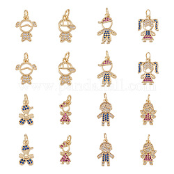 Fashewelry16pcs8スタイル真鍮マイクロパヴェ混合色キュービックジルコニアペンダント  男の子＆女の子  ゴールドカラー  14~17.5x6.5~11.5x1.5~2.5mm  2個/スタイル