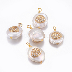 Pendentifs de perles d'eau douce de culture naturelle, avec accessoires zircon cubique micro pave en laiton, pépites avec coquille, or, clair, 17~26x11~16x5~11mm, Trou: 1.6~2mm