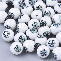 Christmas Opaque Glass Beads, Round with Electroplate Snowflake Pattern, Green Plated, 10mm, Hole: 1.2mm