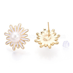Daisy Flower Natural Pearl Stud Earrings with Enamel, Brass Earring with 925 Sterling Silver Pins, Real 18K Gold Plated, 18.5x18.5mm, Pin: 12x0.8mm