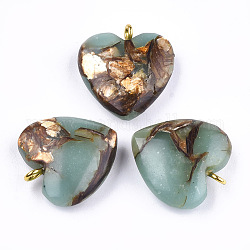 Ciondoli in bronzo e pietra diaspro assemblati, con accessori di ferro, cuore, oro, 20~22x19~20x5~7mm, Foro: 2 mm
