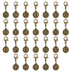 Superfindings 52pcs décorations pendentif alphabet en alliage de style tibétain, breloques fermoir mousqueton, breloques à clipser, pour porte-clés, sac à main, ornement de sac à dos, marqueur de point, bronze antique, 32mm