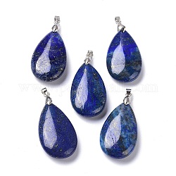 Lapis lazuli naturale ciondoli, con accessori in ottone, lacrima, 35x20x7.5~9mm, Foro: 4x3.5 mm
