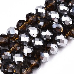 Chapelets de perles en verre électroplaqué, plaqué moitié platine, facette, rondelle, verge d'or noir, 6x5mm, Trou: 1mm, Environ 85~88 pcs/chapelet, 16.1~16.5 pouce (41~42 cm)