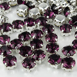 Cose en el rhinestone, califica un diamante de imitación de vidrio, con ajustes de puntas de latón, accesorios de prendas de vestir, Color plateado color metal plateado, amatista, 3~3.2x3~3.2mm, agujero: 1 mm, aproximamente 1440 unidades / bolsa