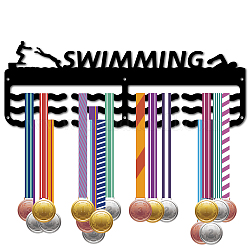 Scaffale da parete espositore porta medaglie in ferro alla moda, 3 riga, con viti, nero, nuoto, gli sport, 150x400x1.5mm