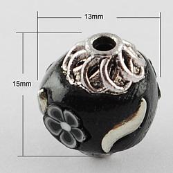 Handmade Indonesia Beads, with Alloy Cores, Round, Antique Silver, Black, 15x13x13mm, Hole: 2mm