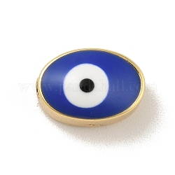 Vraies perles en laiton plaqué 18k or véritable, avec l'émail, sans cadmium et sans plomb, Plaqué longue durée, ovale avec le mauvais œil, bleu moyen, 6.5x10x5.5mm, Trou: 1.2mm