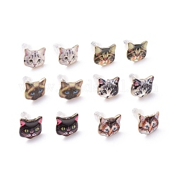 Boucles d'oreilles chaton en alliage plaqué or véritable 14k, avec épingle en acier inoxydable émaillé et environnement, imprimé, motif de chat, couleur mixte, 10~10.5x10.5~11mm, pin: 0.7 mm