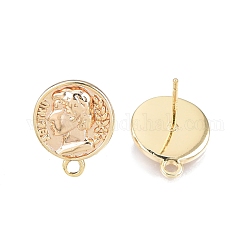 Fornituras de aretes de latón, con bucles horizontales, forma de moneda, sin níquel, real 18k chapado en oro, 14.5x12mm, agujero: 1.6 mm, pin: 0.8 mm
