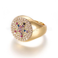 Adjustable Brass Micro Pave Cubic Zirconia Finger Rings, Flat Round with Star, Golden, Size: 7, 17mm