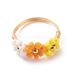Anneaux de doigt de fleur de perle tressée de graine de verre, bijoux en fil de cuivre plaqué or pour femme, orange, nous taille 8 1/2 (18.5mm)