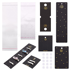 Yilisi 80Pcs 4 Style Rectangle Cardboard Jewelry Display Cards, Hair Clip Display Cards, with Plastic Ear Nuts and OPP Cellophane Bags, Black, Card: 7.3~23.9x5~6.4x0.04cm, Hole: 6~12mm, 20pcs/style, about 360pcs/set