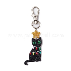 Christmas Theme Acrylic Pendant Decoraiton, with Alloy Swivel Lobster Claw Clasps, Cat Shape, Black, 83mm