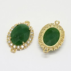 Golden Plated Brass Faceted Glass Oval Links Connectors, with Micro Pave Cubic Zirconia, Dark Green, 29x18x6mm, Hole: 1mm