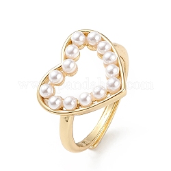 Plastic Pearl Hollow Out Heart Adjustable Ring, Brass Jewelry for Women, Lead Free & Cadmium Free, Real 18K Gold Plated, Inner Diameter: 17mm