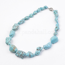 Colliers de perles graduées en howlite naturel, avec les accessoires en laiton, teints et chauffée, platine, pépites, turquoise, 18.9 pouce (48 cm)
