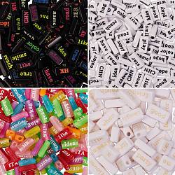 200G 4 Style Transparent Acrylic Beads, Spray Painted, Rectangle with Word, Mixed Color, 50g/style