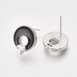 Accessoires de puces d'oreilles émaillés en laiton, avec zircone cubique et boucle, sans nickel, plat rond, clair, noir, 13.5x11.5mm, Trou: 0.9mm, pin: 0.8 mm