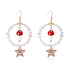 Boucles d'oreilles pendantes grand cercle en perles de verre, Boucles d'oreilles pendantes champignon et étoile en laiton au chalumeau pour femme, rouge, 78mm, pin: 0.7 mm