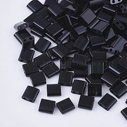 2 agujero abalorios de la semilla de cristal, colores opacos, cuadrado, negro, 5x4.5~5.5x2~2.5mm, agujero: 0.5~0.8 mm, aproximamente 1180 unidades / bolsa